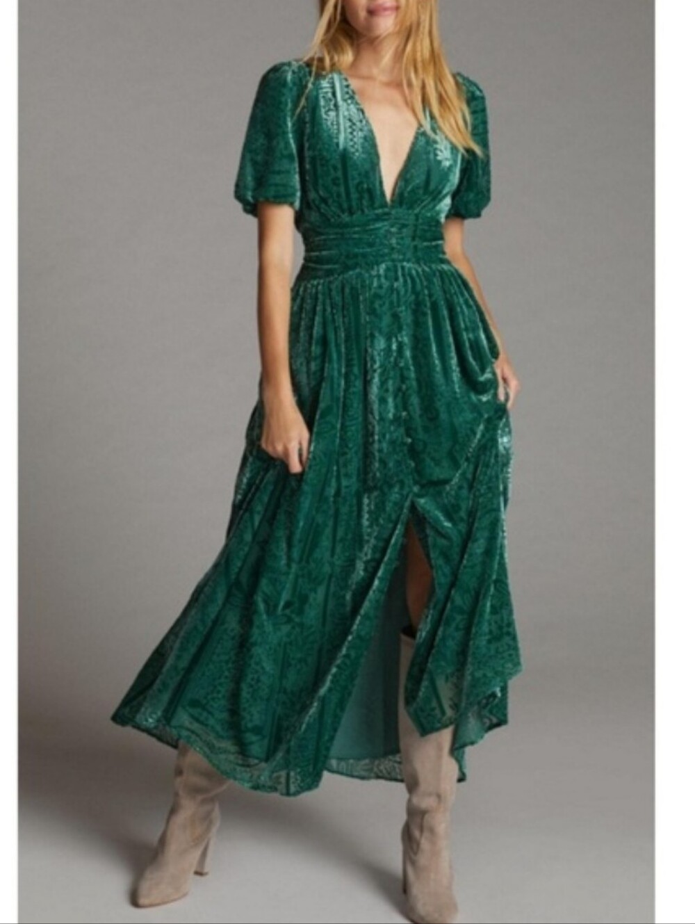 Anthropologie Catalina Forest Green Velvet Burnout Maxi Dress